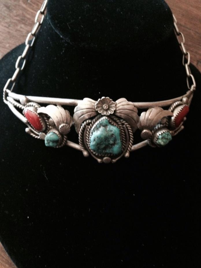 Old Zuni Choker with Natural Turquoise and coral. The sterling chain is hand mad