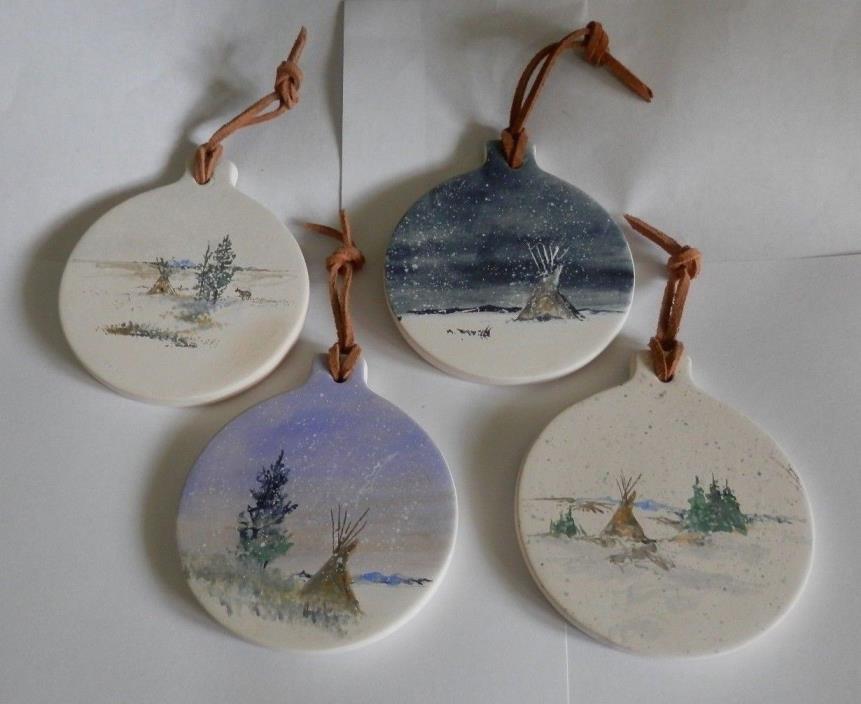 Arthur Short Bull Hand Painted Tepee Set of 4 Ornaments Signed 2012