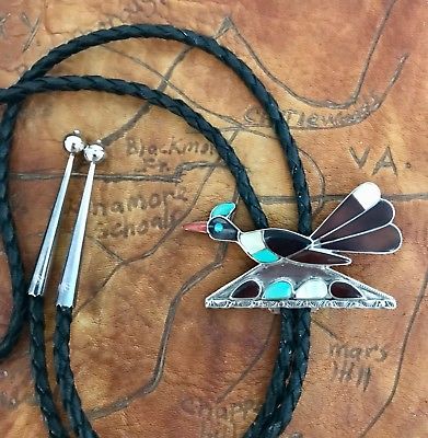 FINE Native American Sterling Silver Zuni Roadrunner Inlaid Bolo ~Attributed VBL