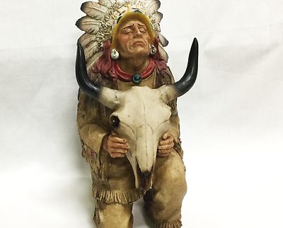 Resin Detailed Indian Chief Statue Holding A Buffalo Skull