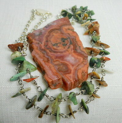 Native American RHODOCHROSITE & TURQUOISE Sterling Silver 925 Vintage Necklace