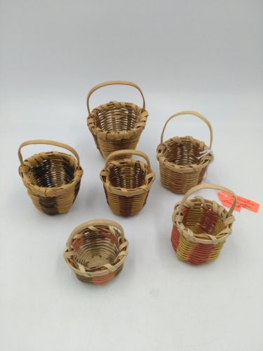 North American Miniature Dyed Woven Baskets with Handles Cherokee Set of 6