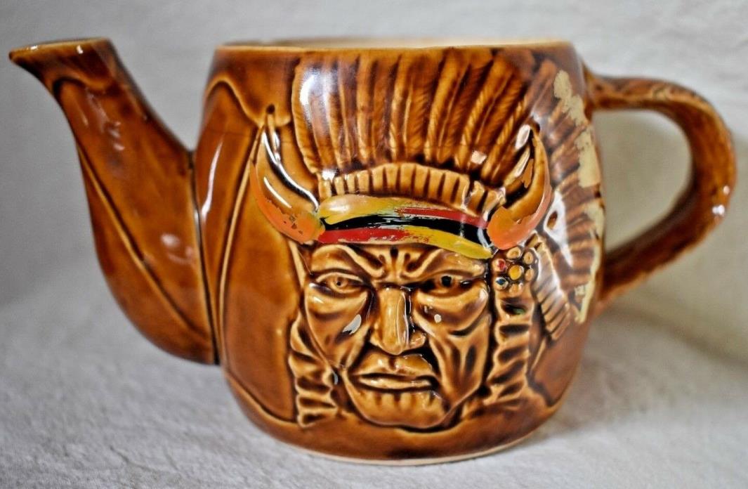 Native American Indian Chief Teapot pottery drum shaped feather handle