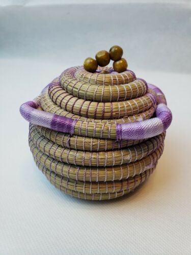 Pine Needle Basket Tightly Woven Purple Thread Scalloped Edge with Lid