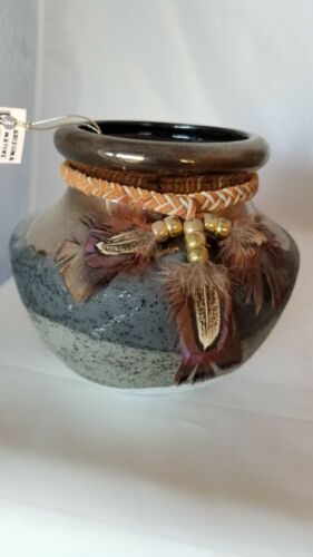 Arizona American Pottery Vase  Signed Bob 98 with Leather & Feathers