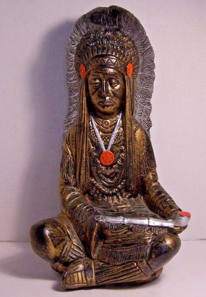 Vtg.  (Antique Bronze Look) Painted Ceramic Indian Chief w/ Peace Pipe 17 3/4