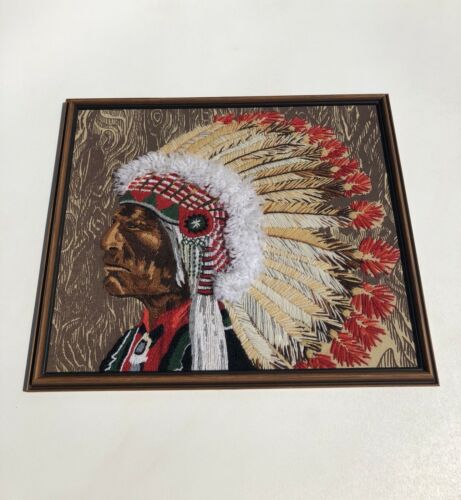Vintage Indian Chief Needle Punch With Feathered Headdress  19”x16” Punch Needle