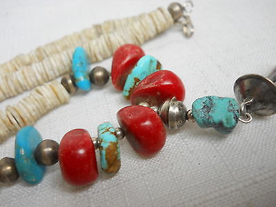 NATIVE AMERICAN Sterling Silver 925 Vintage Estate TURQUOISE RED CORAL Necklace