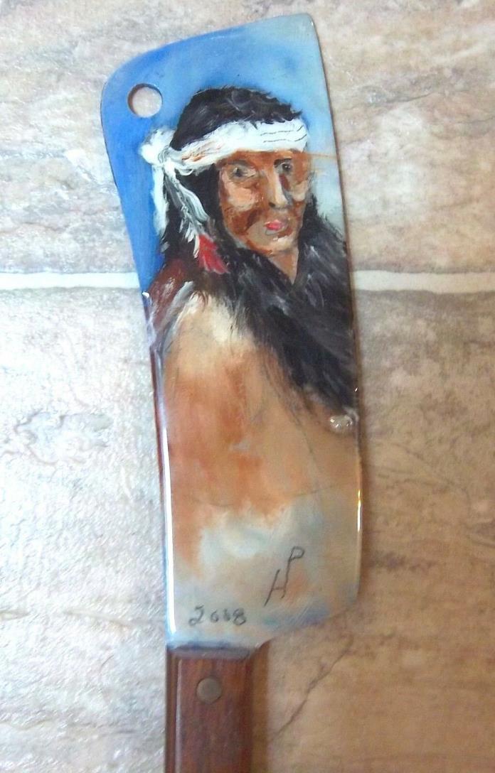 MEAT CLEAVER WITH FOLK ART NATIVE AMERICAN INDIAN PAINTED ON IT.  UNIQUE ITEM