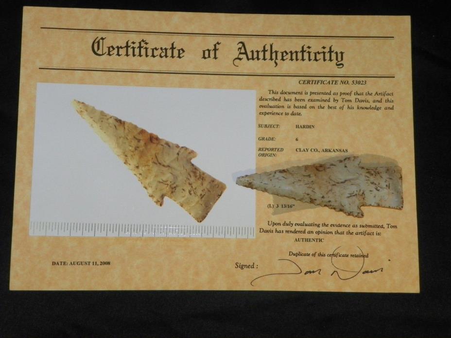 Hardin Arrowhead Point Native American Indian Artifact Tom Davis COA