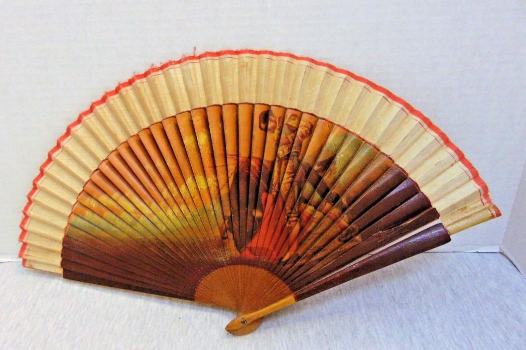 Vintage Collectible Corrida Bullfighting Torrero Hand Fan Wood Fabric PICTURE!!