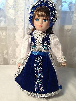 Estate Porcelain Doll Brown Hair in Blue Velvet Beaded Dress