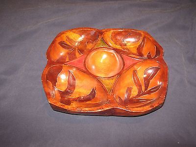 * L@@K * LARGE HANDCARVED SOLID MAHOGANY FIVE SECTION WOODEN SERVING BOWL -