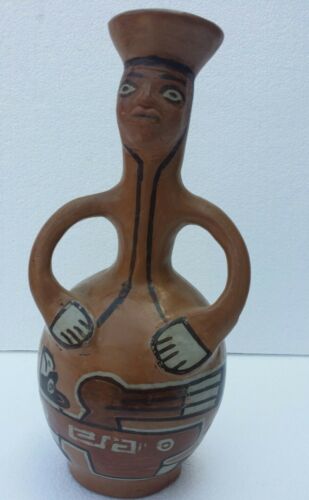 pre columbian pottery vase bottle effigy with handles representing arms