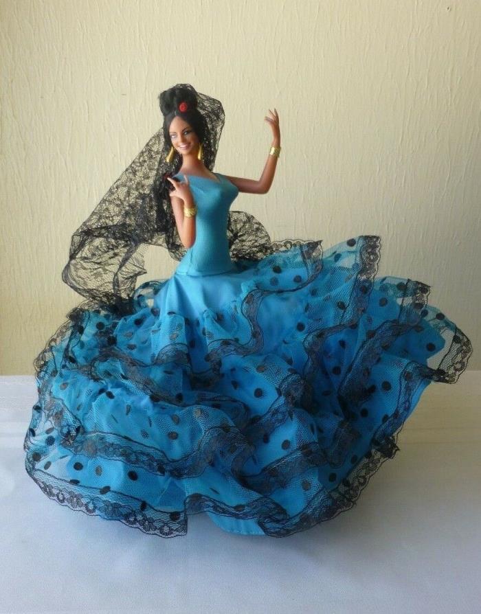 VTG Spanish Flamenco Dancer Doll Ornate Blue and Black Dress Stand Collectible
