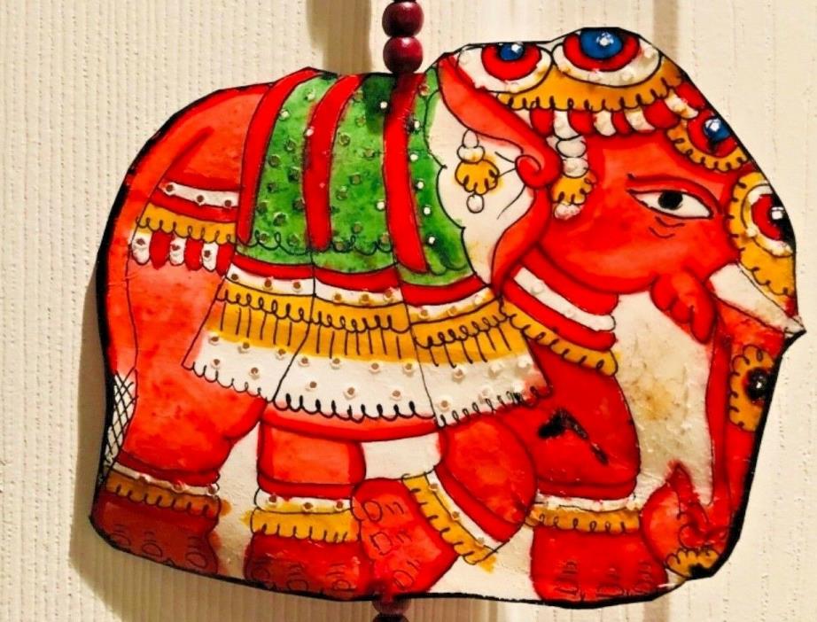 Indian Wall Hanging Double Sided Leather Drawing Elephants Connected with Beads
