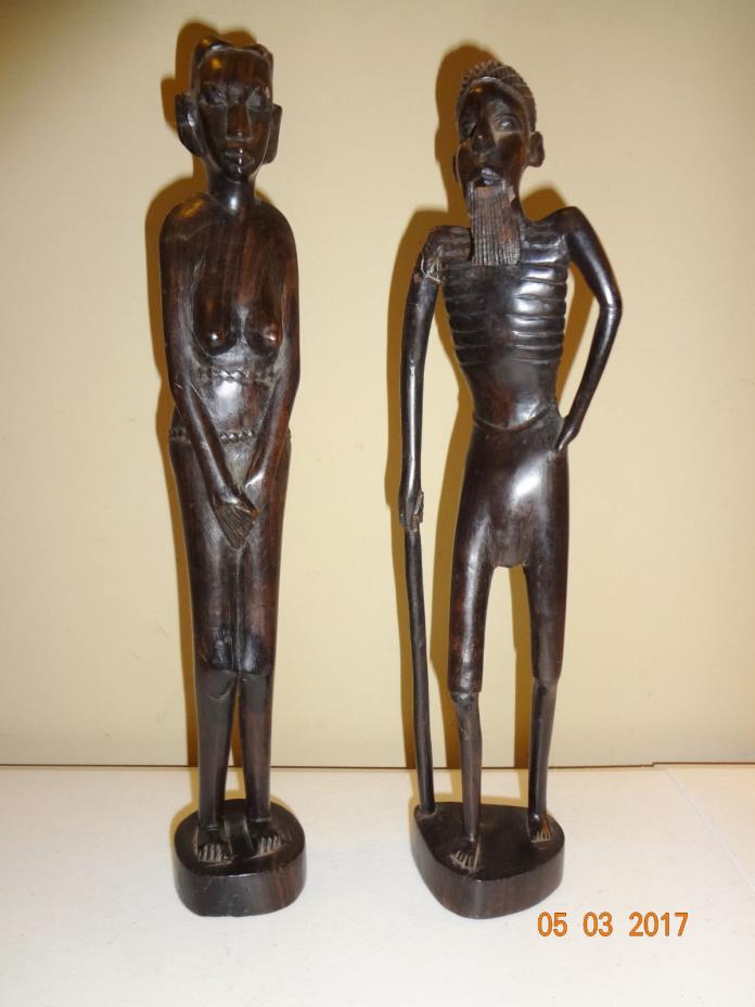 Pair of Carved Wood Tribal Ethnic Statue Figurines