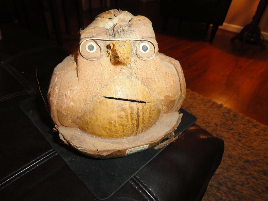 Large Old Vintage Handmade Carved Coconut Owl Head made in Philippines glasses