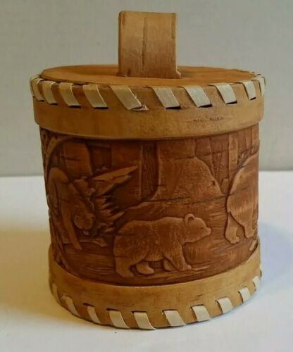 Handcrafted Russian Birch Bark Bear Forest Decorated Canister Lidded Trinket Box