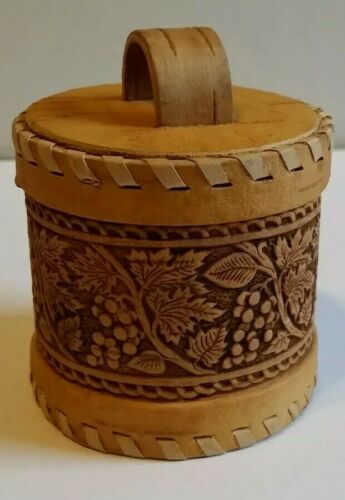 Handcrafted Russian Birch Bark Grape Vine Leaf Decorated Canister Or Trinket Box
