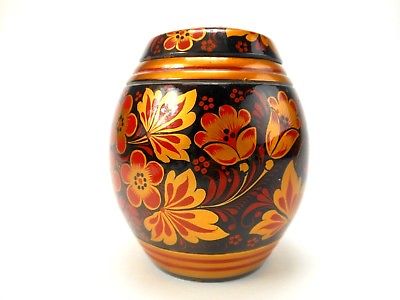 Russian Lacquered Covered Jar Wood Barrel Shape Hand Painted