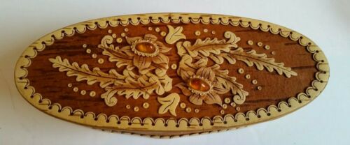 Handcrafted Russian Birch Bark Amber & Flower Decorated Jewelry Or Trinket Box