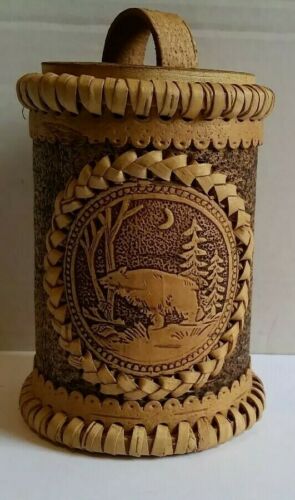 Handcrafted Russian Birch Bark Bear Decorated Storage Canister or Trinket Box