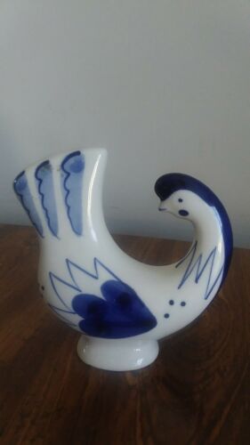 Blue & White Porcelain Chicken Figurine Hand Painted In USSR.