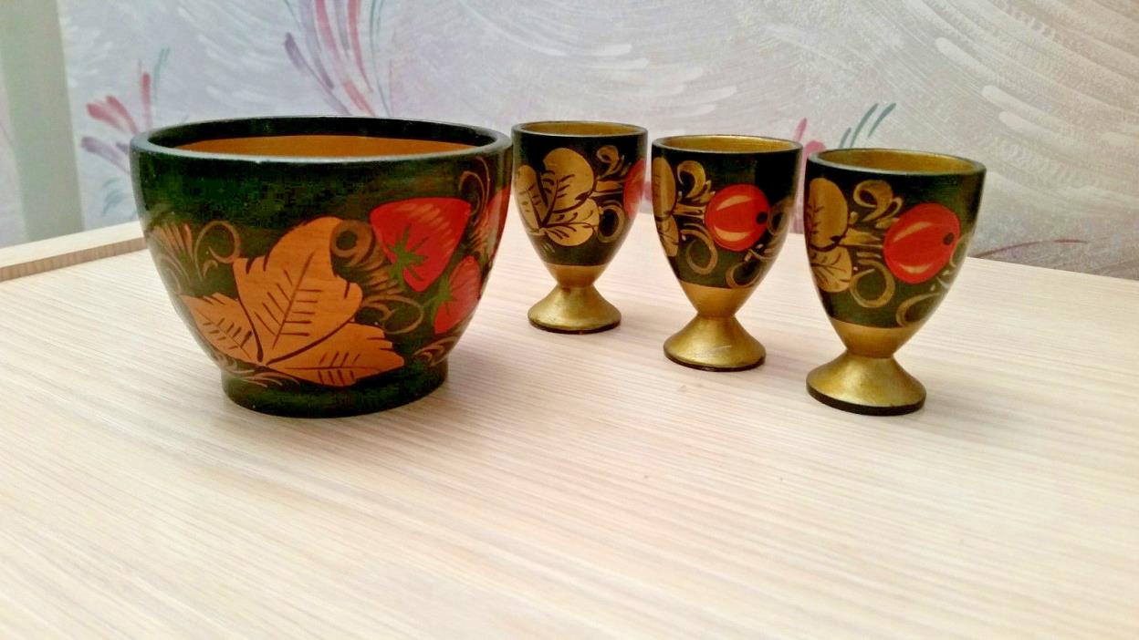 VINTAGE Russian Folk Art KHOKHLOMA Hand Painted Wooden Lacquer Bowl/3 Cups Set