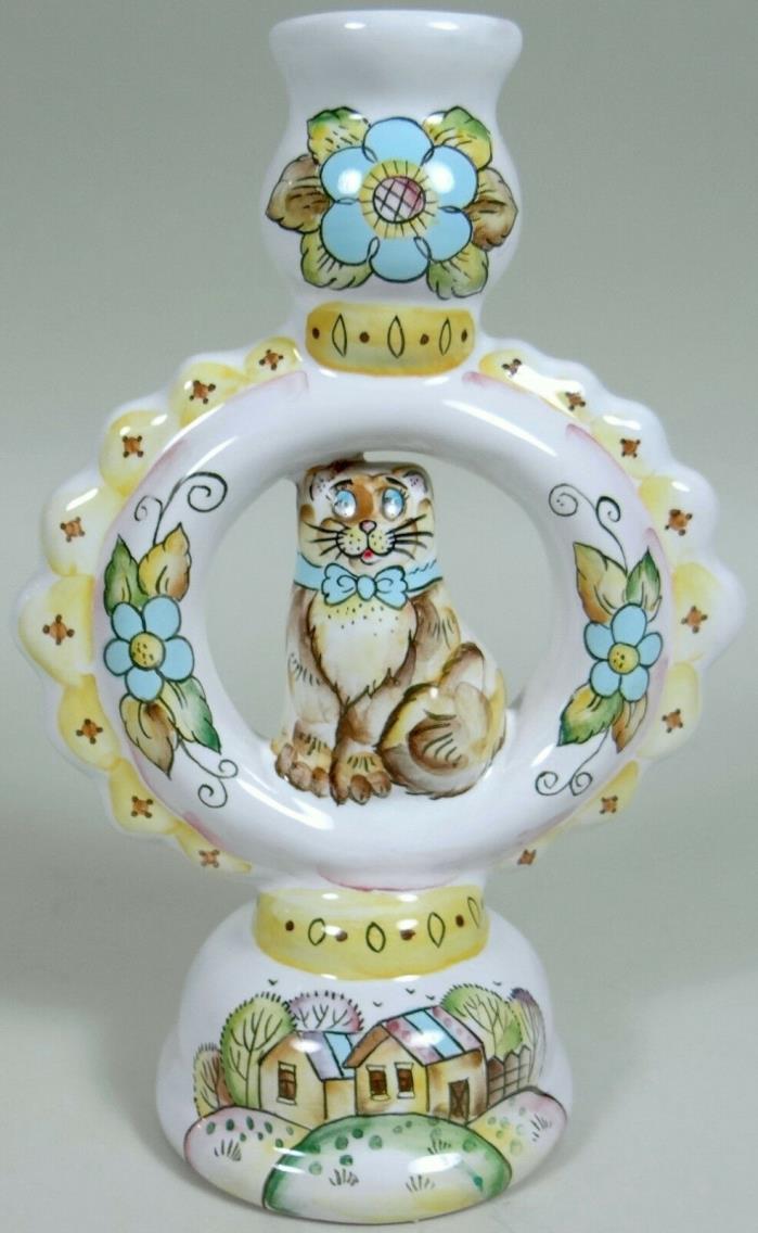 Folk Art Candle Holder Gzhel Pottery USSR Soviet Russia Cat Hand Painted Signed