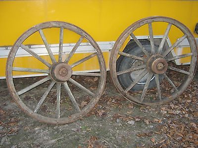 2 Vintage Wagon Wheel  Old Antique Farm Tool Horse primitive Blue w/ hubs