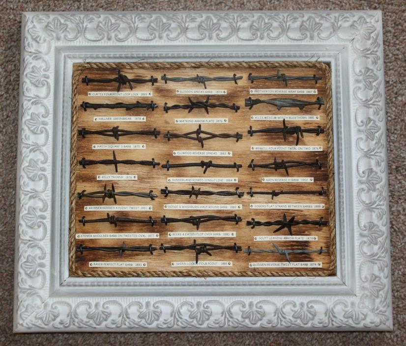 Antique Barbed Wire Display Collection Authentic 21 cuts Wall Plaque White Frame