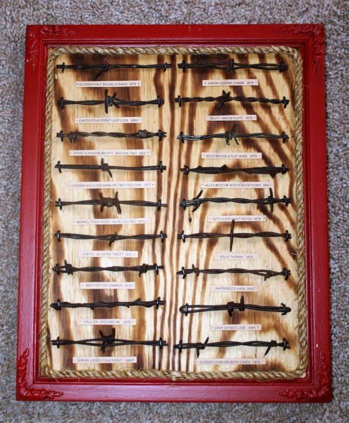 Antique Barbed Wire Display Collection Authentic 18 cuts Wall Plaque Red Frame