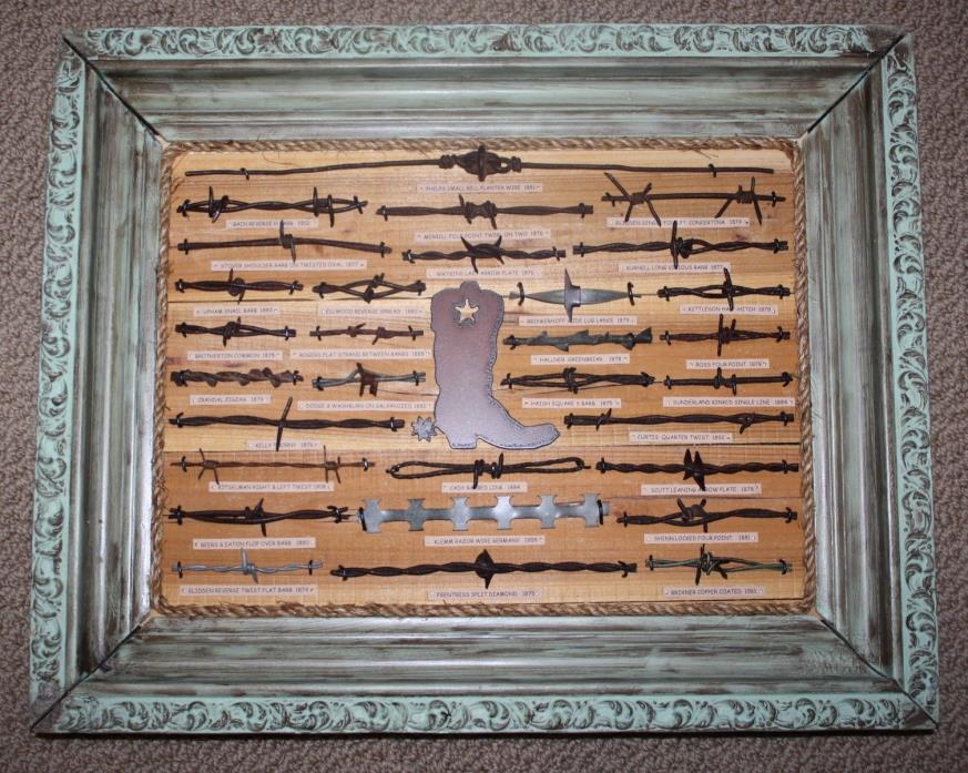 Antique Barbed Wire Display Collection 30 cuts Cowboy Old Green Frame Western