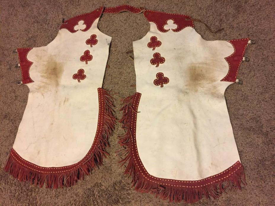 Rare One of the Kind Vintage Embroidered Leather Cowboy Western Chaps w Fringes