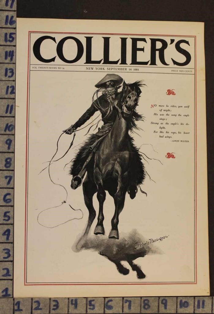 1901 EQUESTRIAN HORSE COWBOY BRONCO WILD WEST NY TIRE ILLUS REMINGTON COV RL03