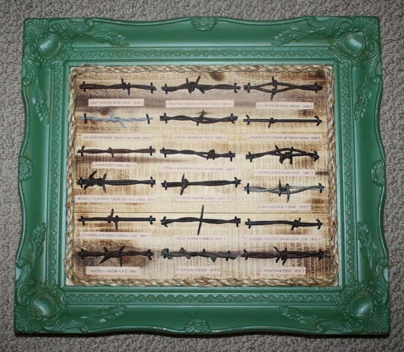 Antique Barbed Wire Display Collection Authentic 18 cuts Wall Plaque Green Frame