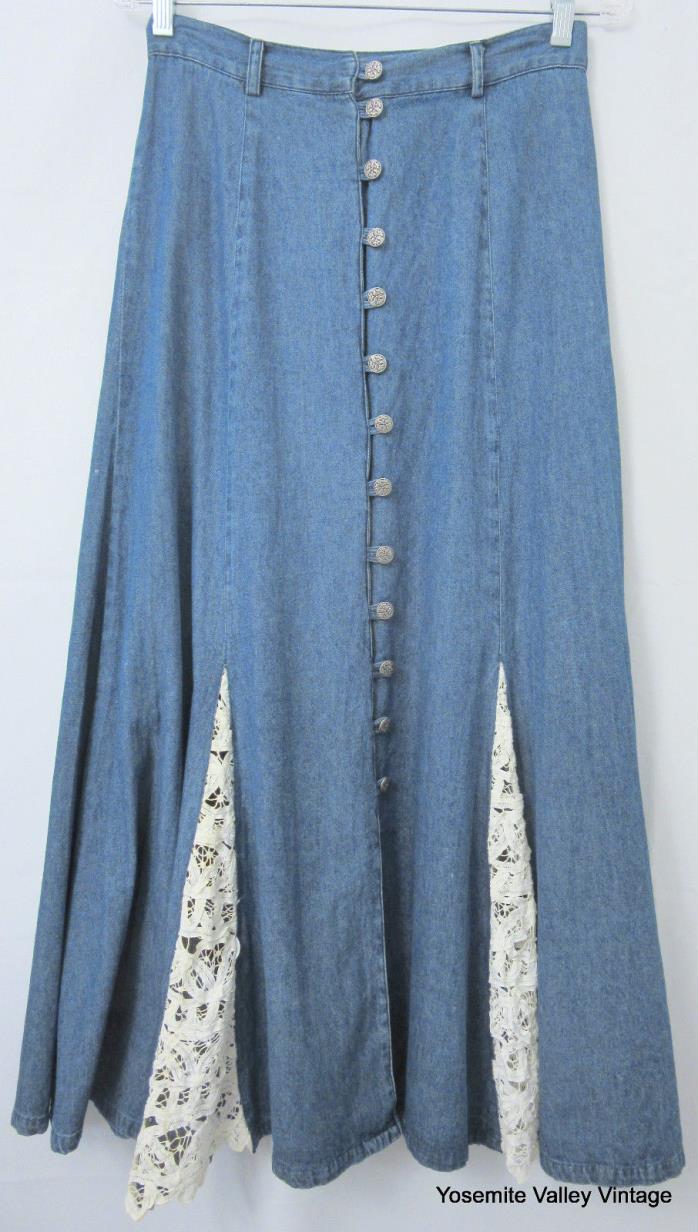 Panhandle Slim Blue Denim Small Womens Jeans Battenburg Lace Flare Long Skirt