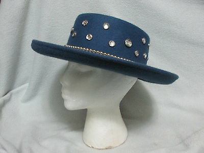 100% Wool Blue Felt Hat Studded w/ Large Crystal Rhinestones & Gold Beaded Band