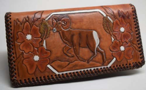 VINTAGE COWGIRL WESTERN HAND TOOLED WALLET RAM BIGHORN SHEEP FLOWERS KAREN