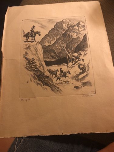 Vintage R.H.Palenske Signed Etching Moving Up Cowboy Western Mountains