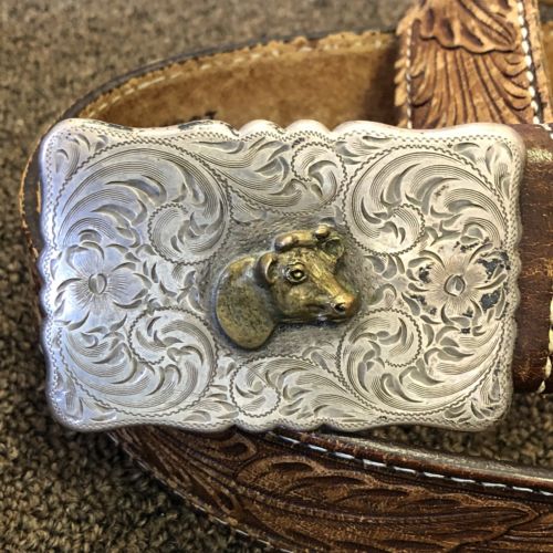 Vintage Diablo Sterling Silver Cowboy Bull Western Belt Buckle W/ Tooled Leather