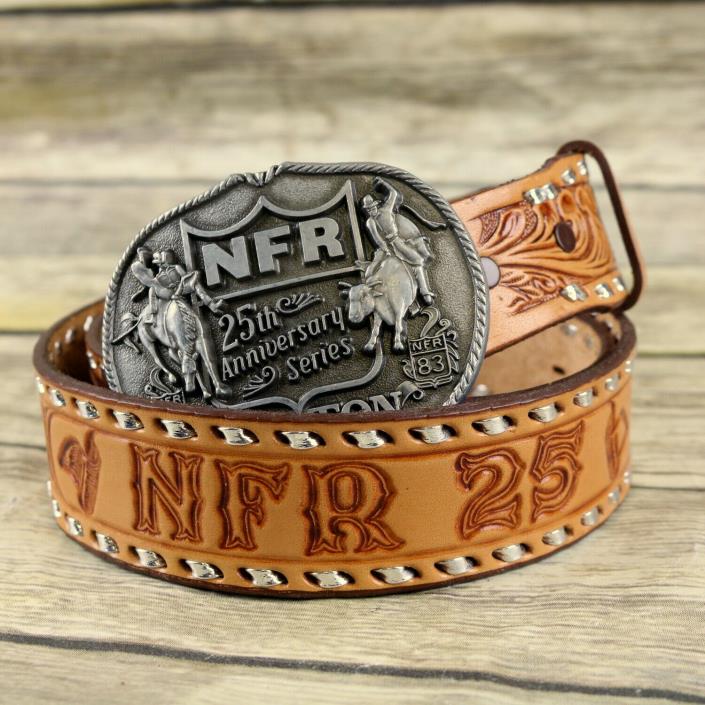 Justin NFR Leather Belt And Buckle 1983 National Finals Rodeo 25th Anniversary