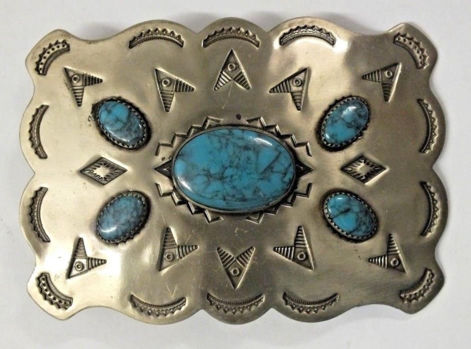 Vintage Southwestern BELL Trading Company Nickel Silver & Turquoise Belt Buckle