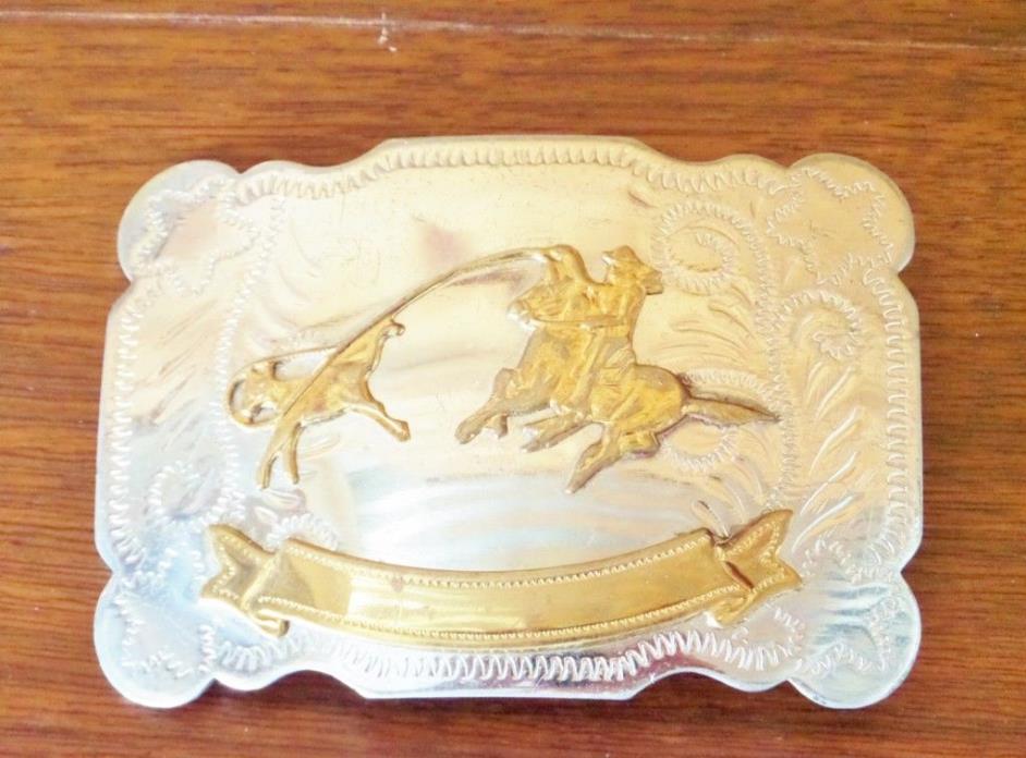 Vintage Rodeo Belt Buckle Cowboy Calf Roping Nickle Silver Plated 3.5