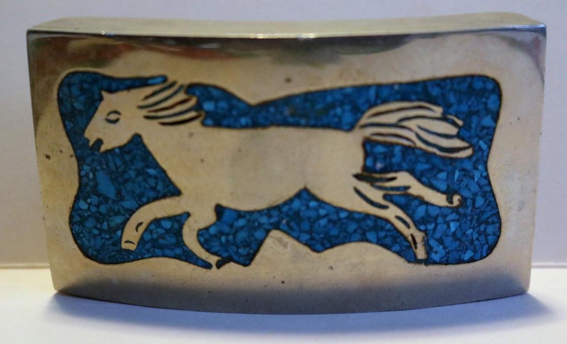 Vintage Belt Buckle Horse Turquoise Silver Mexico Southwest Style