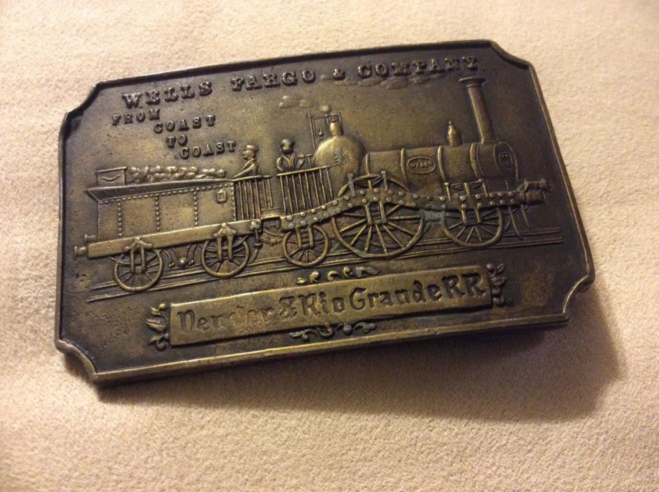 Brass belt buckle, Wells Fargo, Denver and RioGrand RR, vintage railroad train