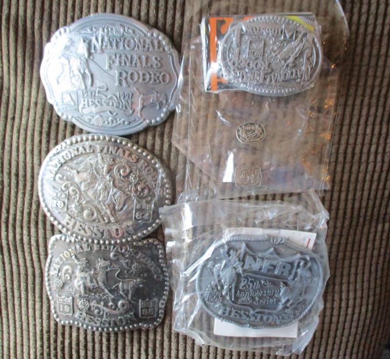 LOT OF 5  HESSTON NATIONAL FINAL RODEO BELT BUCKELS & TWO HAT PINS