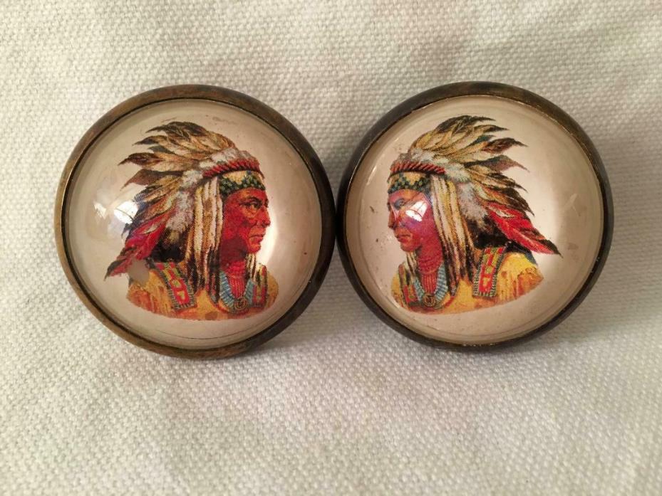 RARE VINTAGE INDIAN CHIEF PAIR OF BRASS BRIDLE ROSETTE'S