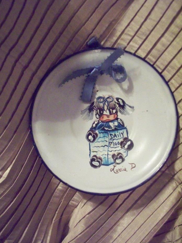 COLLECTIBLE ENAMEL WARE, SWEDEN, HAND PAINTED COW, SIGNED